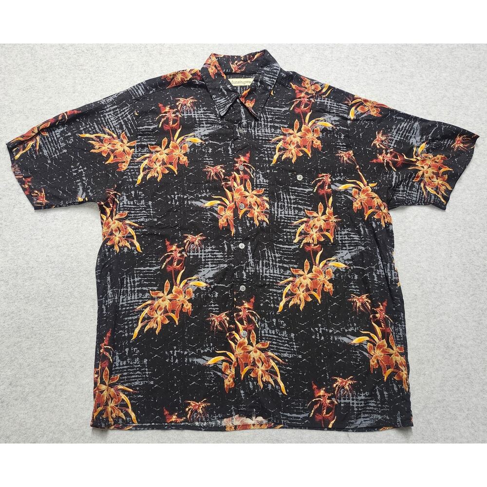Munsingwear Hawaiian Camp Shirt Men Medium Black Orange Floral Rayon Button Up